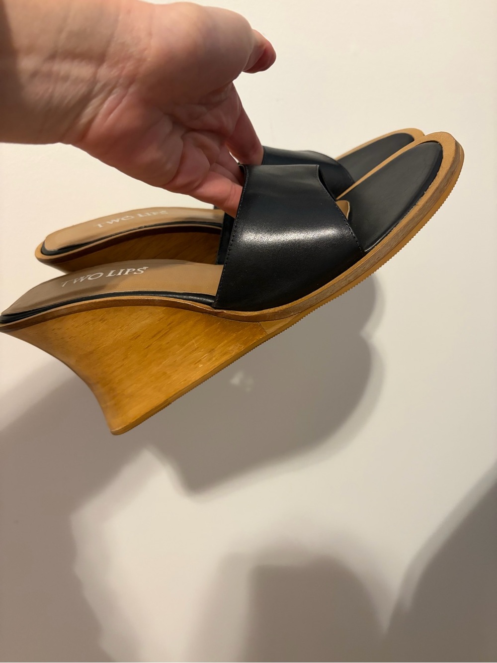 NEW TWO LIPS Black Leather Wedge Slide Sandals